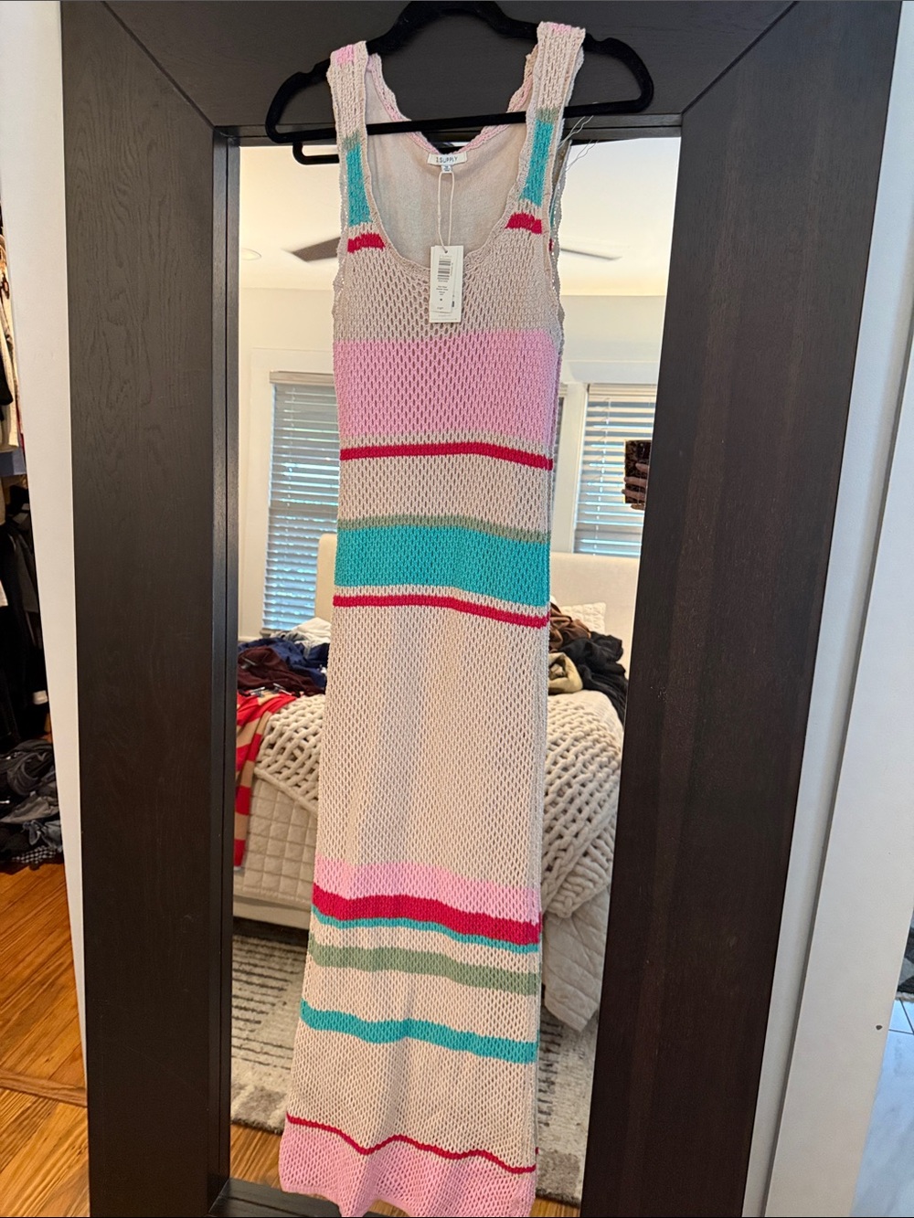 Z Supply Beige Knit Maxi Dress with Pink & Teal Stripes